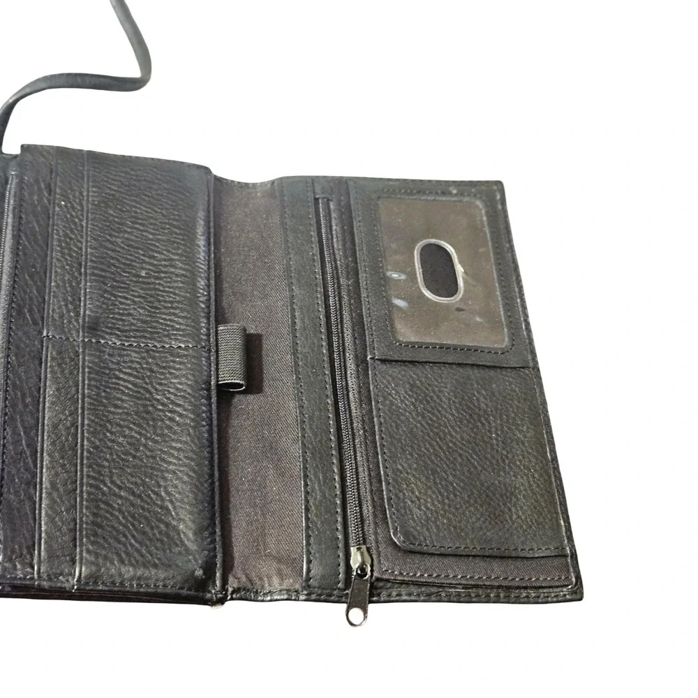 Fossil Black Pebbled Genuine Leather Crossbody Wallet Travel Bag Organizer